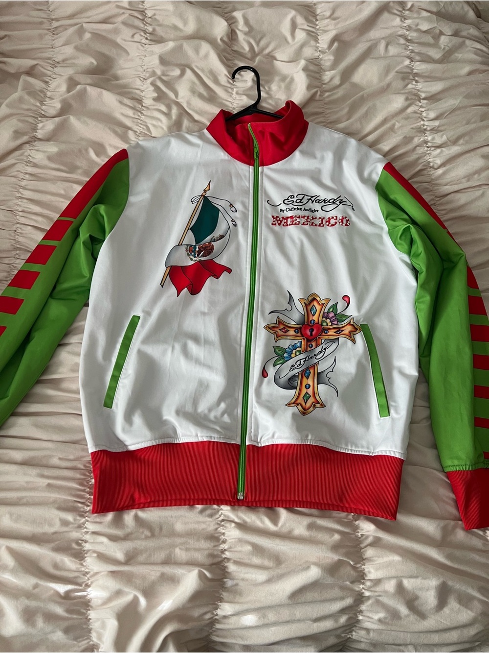 Ed Hardy White, Red & Green Graphic Bomber Jacket